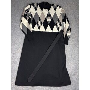 VTG Ciao Sweater Knit Belt Dress Women 10 Black Wool Argyle Preppy Old Money SEE